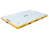 An inflatable dock with yellow and gray colors, featuring multiple D-ring tie downs and the SOLstice brand logo.