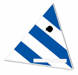 Sunfish sailboat Blue and white striped sail with a black sunfish logo