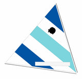 Sunfish Sailboat sail with blue, white, and light blue stripes on a white background