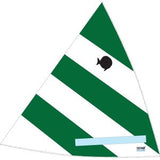 A triangular pennant banner with diagonal green and white stripes, featuring a black fish emblem in the center and a light blue hanging tab at the bottom.