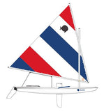 Sailboat Sunfish with a red, white, and blue sail on a white background